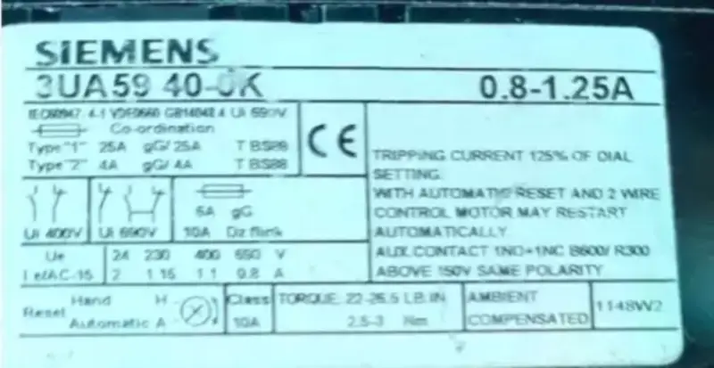Siemens 3UA5940-0K Relè termico di sovraccarico