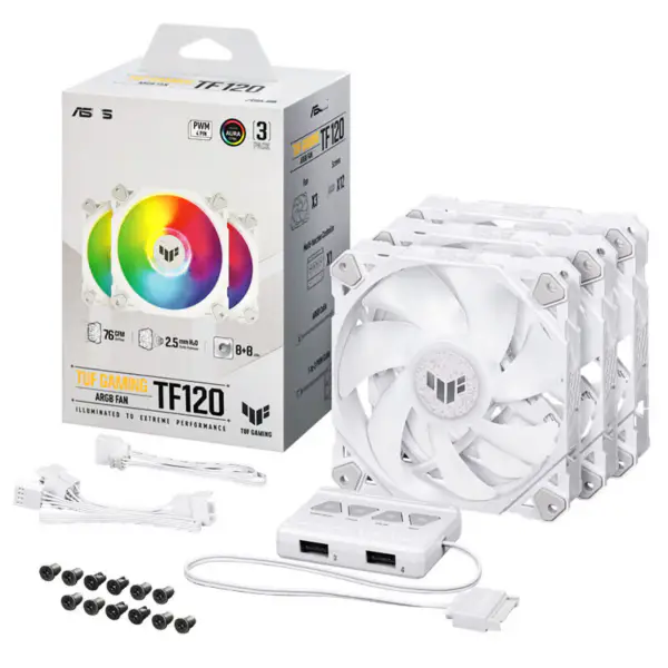 AsUs Tuf Gaming White Heroic Light Tf120 Chassis Fan 3 Pcs Argb Fan con effetto di illuminazione Controller Tuf Gaming Tf120 Argb 3in1